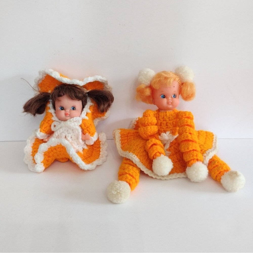 Vintage Mid Century Set Of Bed Pillow Sitter Dolls Orange Crocheted Dresses